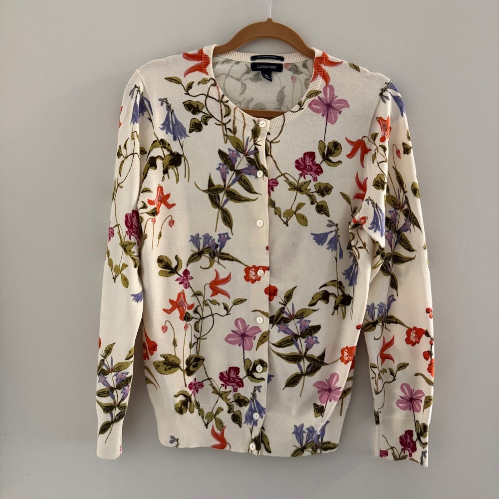 Lands End Floral Cream Cardigan Sweater M Supima Cotton Feminine Cottage Garden